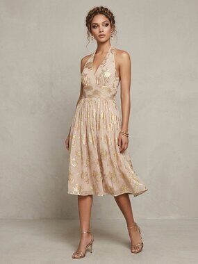 BcbgMaxAzria Halter Top Backless Party Dress Nude Chiffon & Gold Floral Pattern